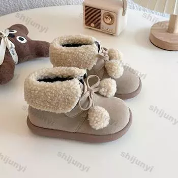 Winter Children s Shoes Snow Boots Cute Plush Warm Comfortable Butterfly-knot Anti Slip Korean Outdoor Girl Boys Short Boots 21inner13.5cm бежевый
