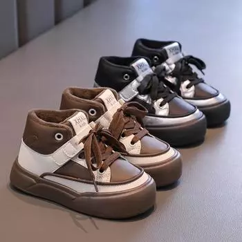 Winter Children s Sneakers for Boy Patchwork Leather Girls Basketball Shoes Fashion Versatile Kids Causal Platform Cotton Shoes 26 чёрный