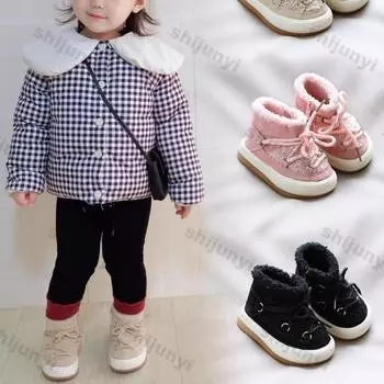 Winter Children s Snow Boots Baby Walking Shoes New High Top Plush Warm Korean Zipper Comfortable Anti Slip Baby Cotton Shoes 22size-inner-14cm чёрный