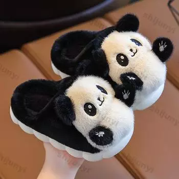 Winter Children Slippers Plush Warm Anti Slip Platform Comfort Indoor Boys Girls Cartoon Cute Cotton Shoes Baby Winter Slippers 22-23-inner-13.5cm чёрный