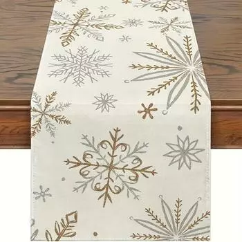 Winter Chriatmas Golden Snowflake Linen Table Runner Xmas Dresser Scarf for Kitchen Dining Table Runners Chriatmas Decorations 150x33cm 59x13inch