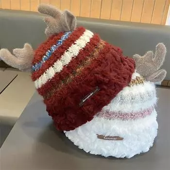 Winter Christmas Cartoon Antlers Dopamine Knitted Hat Children s New Versatile Face Small Warm Plush Ear Protector M56-58cm