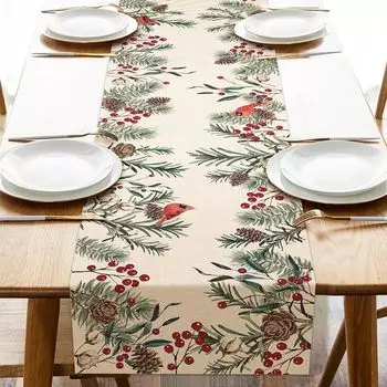 Winter Christmas Pine Cone Cardinal Red Birds Berry Linen Table Runner Party Decor Pine Needle Table Runners Navidad Decorations 150x33cm 59x13inch
