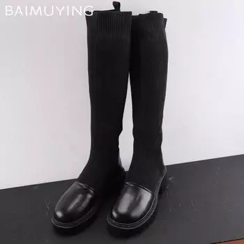 Winter Chunky Women High Boots Knitting Mid Heels Designer Shoes 2025 New Trend Classic Goth Knee High Motorcycle Botas De Mujer 34 чёрный