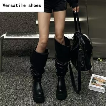 Зимние массивные женские ботфорты до колена, модные слипоны с плиссировкой, длинные ботильоны, квадратные каблуки, туфли для вечеринки, женская обувь 35