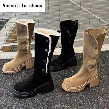 Winter Chunky Women Mid Calf Boots Fashion Warm Cotton Knight Long Booties Square Heels Party Dress Ladies Shoes 35