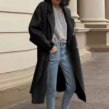 Winter Coats For Women Warm Breasted Faux Wool Coats Trench Woolen Coats Jackets Lapel Slim Long Overcoat Outwear S синий