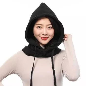 Winter Cotton Hat Women Warm Thick Ear Neck Protection Hat Female 2 Layer Hooded Collar Removable Drawstring Cap чёрный