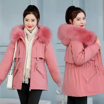 Зимняя одежда с хлопковой подкладкой для женщин, средняя и длинная, с капюшоном, с меховым воротником и пуховой подкладкой для женщин M хаки