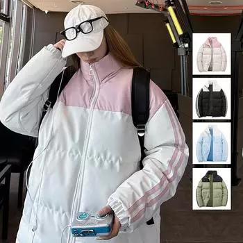 Зимняя мужская куртка с хлопковой подкладкой, корейская версия, свободный воротник-стойка, утолщенная одежда для хлеба, модная молодежная повседневная куртка с хлопковой подкладкой S чёрный