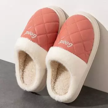 Winter couple waterproof PU cotton slippers women foreign style home velvet non-slip warm men thick-soled dirt-resistant slippers 36-37 Suitable for 35-36 feet