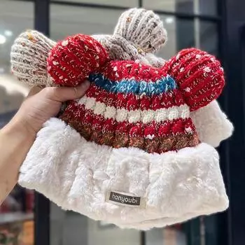 Winter cute bear ears plush thickened wool hat women s big head circumference shows face small knitted plush cold hat чёрный