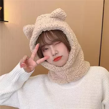Зимняя милая теплая шапка с медвежьими ушками, ветрозащитная шейная шапка, студенческая женская шапка Gray 1