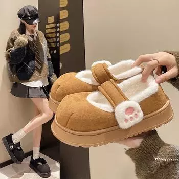 Winter Cute Cat Claw Accessories Wear Shoes Women Chic Non-slip Sweet Solid Warm Cotton Shoes Female Thick Soled Round Toe Shoes 36-37 бежевый