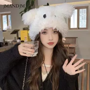 Зимняя милая плюшевая шапка для девочек с длинными ушами в виде мультяшного щенка, защитная шапка для головы, корейская версия, универсальная теплая шапка Lei Feng one size fits all белый