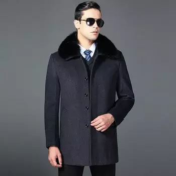 Winter dad thickened real rabbit fur collar middle-aged and elderly cashmere coat men s wool mid-length detachable liner jacket 165