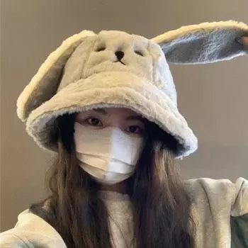 Winter Doggie Ear Bucket Hat Warm Women Plush Hats Cute Oversized Puppy Hat Lady белый