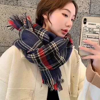Winter Double-Sided Cold-proof Houndstooth Ins Style Neckerchief Christmas Muffler Women Scarf Wrap зелёный