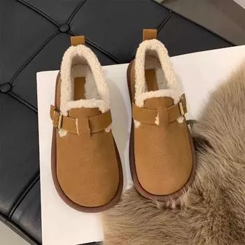 Winter Doudou shoes women s soft leather and velvet outer wear flat-bottomed retro soft-soled Boken big head and one foot cotton shoes 35
