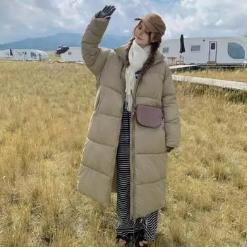 Winter Down Coat Thickened Padded Stand Collar Neck Protection Pockets Zipper S хаки