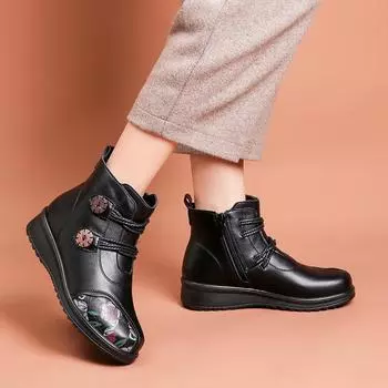 Зимняя мода женские кожаные плюшевые теплые ботильоны для мам водонепроницаемые повседневные зимние ботинки женские плоские каблуки зимняя обувь мамин ботинок 5 чёрный