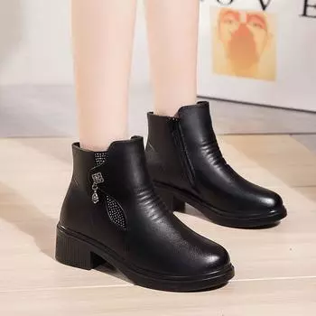 Winter Fashion Women s Warm Ankle Boots Women Waterproof Genuine Leather Low Square Heel Boots Lady Cotton Shoes free shipping 35