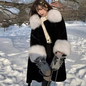 Winter Faux Fur Coat Women Faux Fox Fur Collar Female Long Overcoat Thick Warm S чёрный
