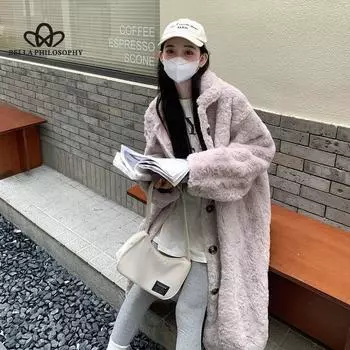 Зимнее искусственное меховое новое меховое длинное пальто до колена для женщин, шуба из овечьего меха, высококачественное женское повседневное длинное пальто S светло-фиолетовый