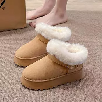 Winter Faux Suede Platform Snow Boots Women Fashion Buckle Thick Plush Ankle Boots Woman Non Slip Faux Fur Cotton Padded Shoes 36 чёрный