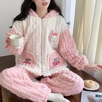 Зимняя фланелевая пижама с капюшоном, симпатичная верхняя одежда с мультяшным принтом, длинные брюки, теплая утолщенная домашняя одежда из кораллового флиса, ночная одежда M синий