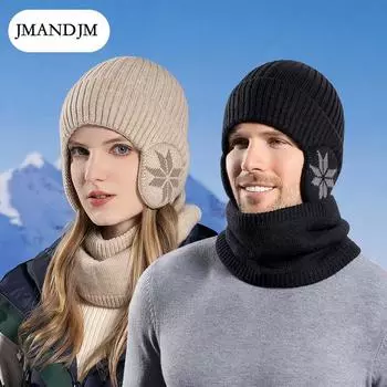Winter fleece hat scarf set women s warm knitted wool hat men s outdoor cycling ear protection headgear