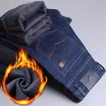 Winter Fleece Men S Jeans Straight Loose Middle -Aged Pants Men S Business Pant 28 чёрный