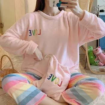 Winter Fleece Thick Women s Pajamas Set Cute Bear Plaid Long Sleeve Womens 2 Piece Outfit Set Printing Pijamas Set for Woman M