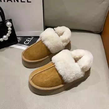 Winter fur integrated thick-soled bag head fluffy slippers plush snow boots 2025 new wool slippers women s outer wear 35 верблюд