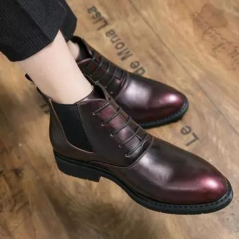 Winter Fur Men Fashion Black Leather Boots Red Chelsea Men Boots Pointed Toe Low Heel Casual Classic Men Boots and Luxury Shoes 38 чёрный