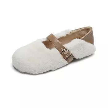 Winter Furry Mary Janes Flat Shoes Women Comfortable Warm Plush Loafers Round Toe Faux Fur Soft Moccasin Female Footwear 34-43 34 бежевый