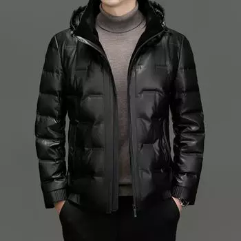 Winter genuine leather jacket, large size men s hooded down jacket, sheepskin leather down jacket, dad casual leather jacket M