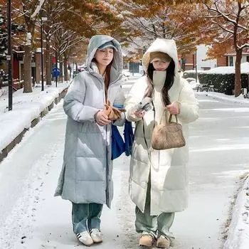 Winter girlfriend hooded bread clothes down cotton-padded clothes women s loose long cotton-padded jacket S [85-52.5kg] чёрный