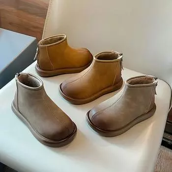 Winter Girls Cotton Boots Round-toe Simple Children Cotton Boots Warm Plush Versatile Kids Fashion Short Boots Non-slip Zipper 27 хаки