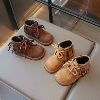 Winter Girls Tassel Boots Fashion Princess Versatile Kids Cotton Boots Children Ankle Boots Solid Color Leather Thick Bottom New 23 коричневый