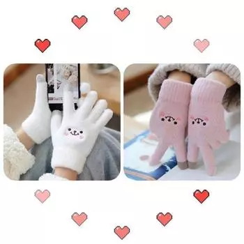 Winter Gloves Female Ins Cute Warm with Velvet Thickened Cold Protection K-style Student Five Finger Autumn and Winter Cycling Cycling Milk White + leather pink two pairs] All yards