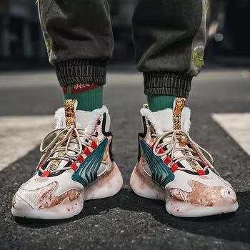 Winter Guochao Northeast cotton shoes wear velvet warm luminous high-top shoes student graffiti sports snow boots men s shoes 39