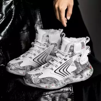 Winter Guochao Northeast cotton shoes wear velvet warm luminous high-top shoes student graffiti sports snow boots men s shoes 39