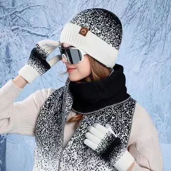 Winter Hat Gloves Scarf Outdoor Cold Protection Warm Sleeve Hat Padded Ear Protection Knitted Woolen Hat Female 3pcs M