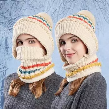 Зимняя шапка шарф маска интегрированная шапка женская бархатная теплая защитная шапка для ушей велосипедная ветрозащитная вязаная шерстяная шапка темно-красного