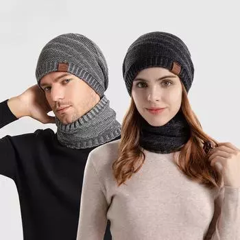 Зимняя шапка, шарф, комплект, женская модная шапка, мужская флисовая подкладка, теплая вязаная шерстяная шапка для отдыха на природе Average size