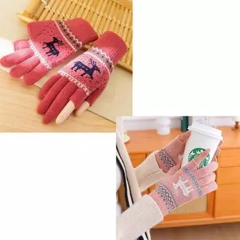 Winter Heattech Touch Screen Gloves Exposed Two Fingers Fleece-lined Thickened Wool Knitting K-style Cold-Proof Student Writing Adult New Leather Red + Pink (2 pairs) One size