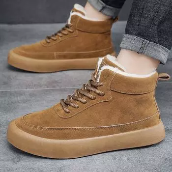 Winter High Top Cotton Shoes Men Brown Leather Casual Shoes Men Comfortable Plush Warm Mens Suede Sneaker 39 коричневый