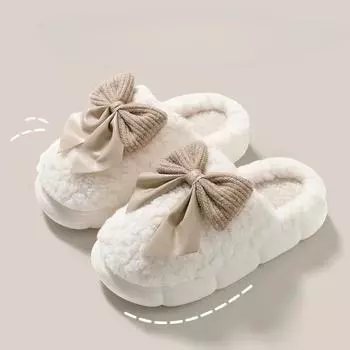 Winter Home Anti-Slip Warm Plush Bow Cotton Slippers 36-37