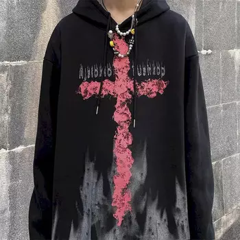 Зимние толстовки для мужчин, уличная одежда в стиле хип-хоп, Harajuku, черная толстовка с готическим принтом, плюс бархат, большие размеры Y2k L чёрный
